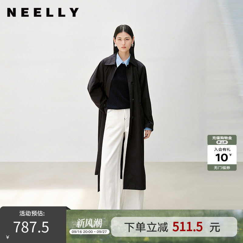 NEELLY纳俪商场同款春秋新款复古简约廓形长风衣女舒适随性外套