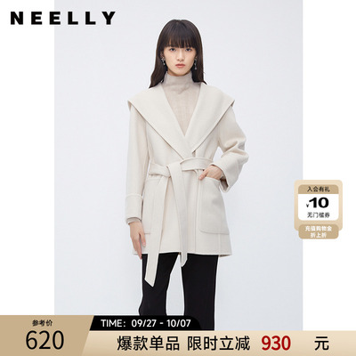 NEELLY纳俪商场同款中长款100%双面呢羊毛大衣时尚系带一手长外套