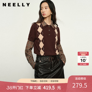 NEELLY纳俪商场同款春秋新款菱格针织短袖设计上衣女减龄针织衫