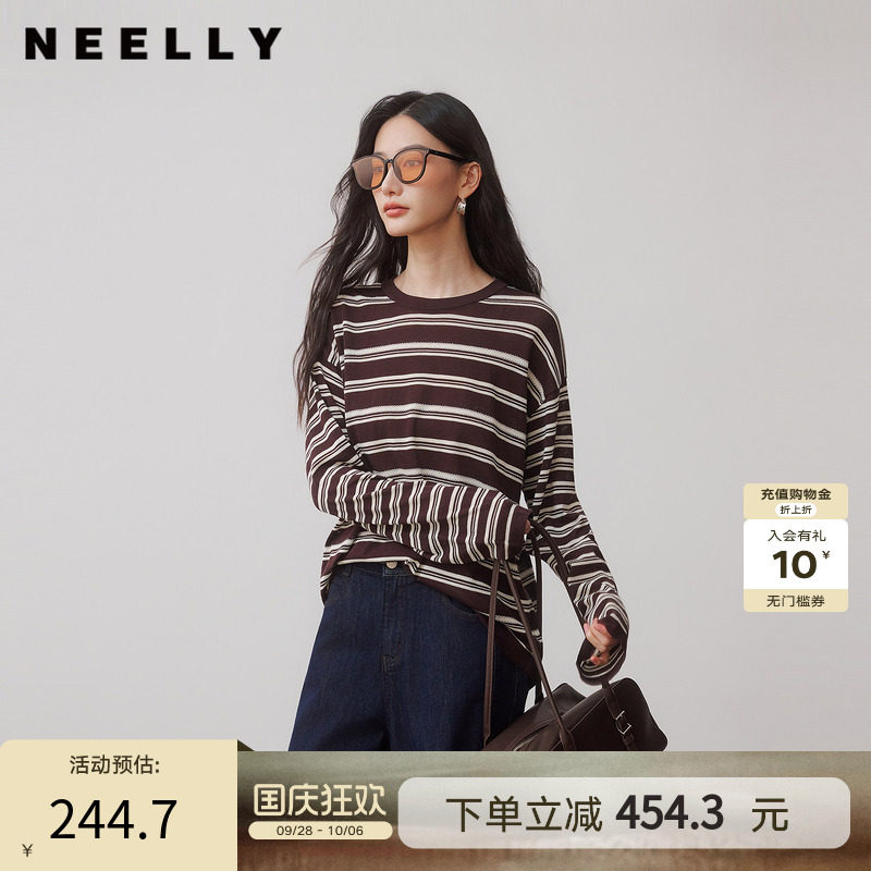 NEELLY纳俪商场同款秋季新款复古条纹长袖圆领T恤女撞色休闲上衣