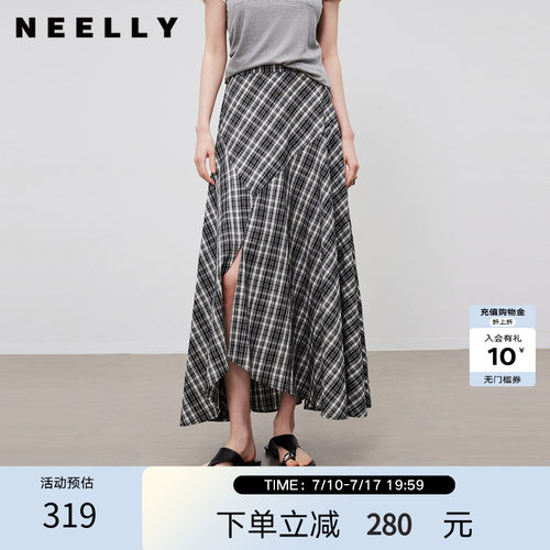 NEELLY纳俪商场同款夏新款不规则格纹开衩半裙女复古感大摆中长裙