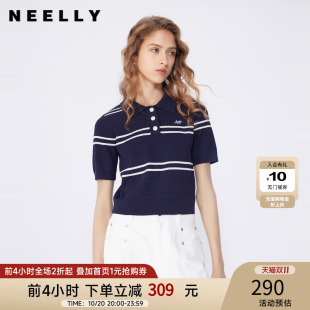 女短袖 NEELLY纳俪商场同款 显瘦针织衫 Polo领个性 条纹上衣 秋新款