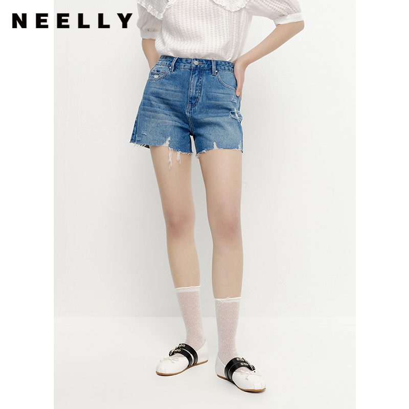 NEELLY纳俪商场同款夏新款高腰牛仔短裤女破洞拉毛设计宽松直筒裤
