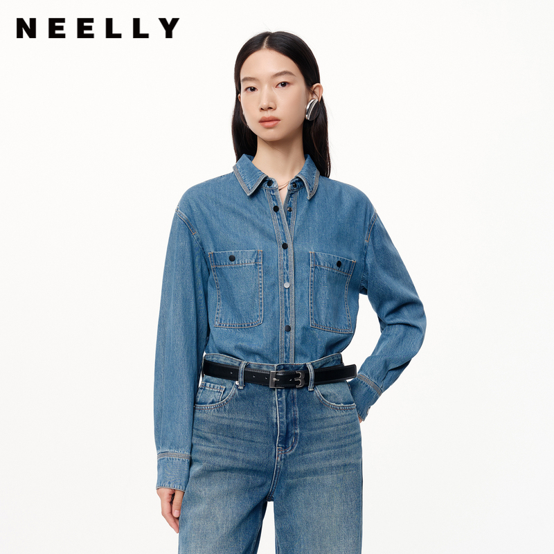 NEELLY纳俪商场同款秋新款莱赛尔宽松长袖翻领牛仔衬衫女休闲衬衣