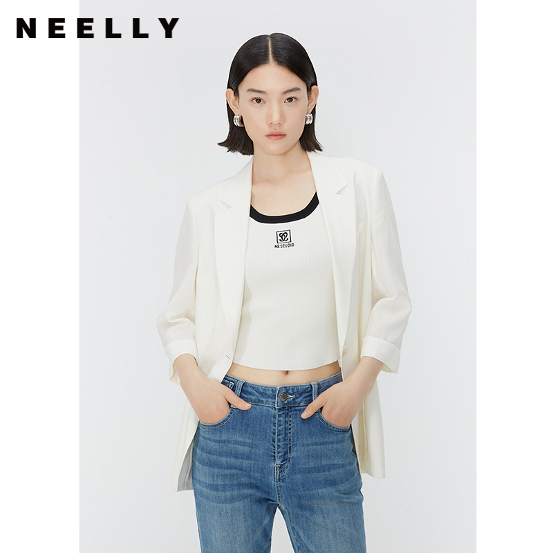 NEELLY纳俪商场同款夏季新款七分袖一粒扣西装外套女时尚百搭上衣