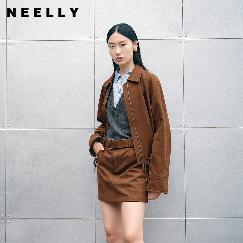 NEELLY纳俪商场同款秋冬新款复古翻领麂皮外套女高级感廓形上衣