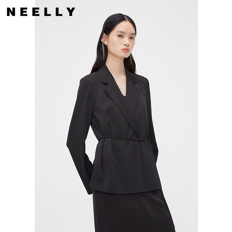 NEELLY纳俪商场同款夏季新款复古国风盘扣西装外套女优雅系带上衣