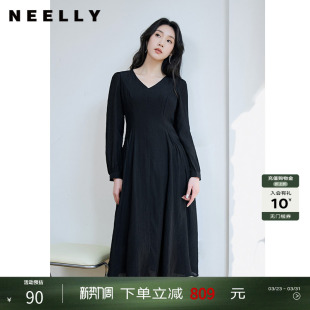 垂感中长裙 肌理感百搭法式 NEELLY纳俪商场同款 V领系带收腰连衣裙