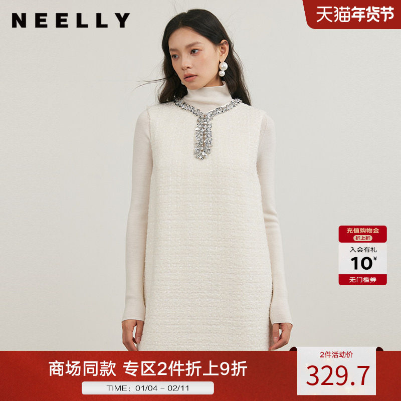 NEELLY纳俪商场同款冬季新款小香风圆领背心裙女直筒显瘦连衣裙
