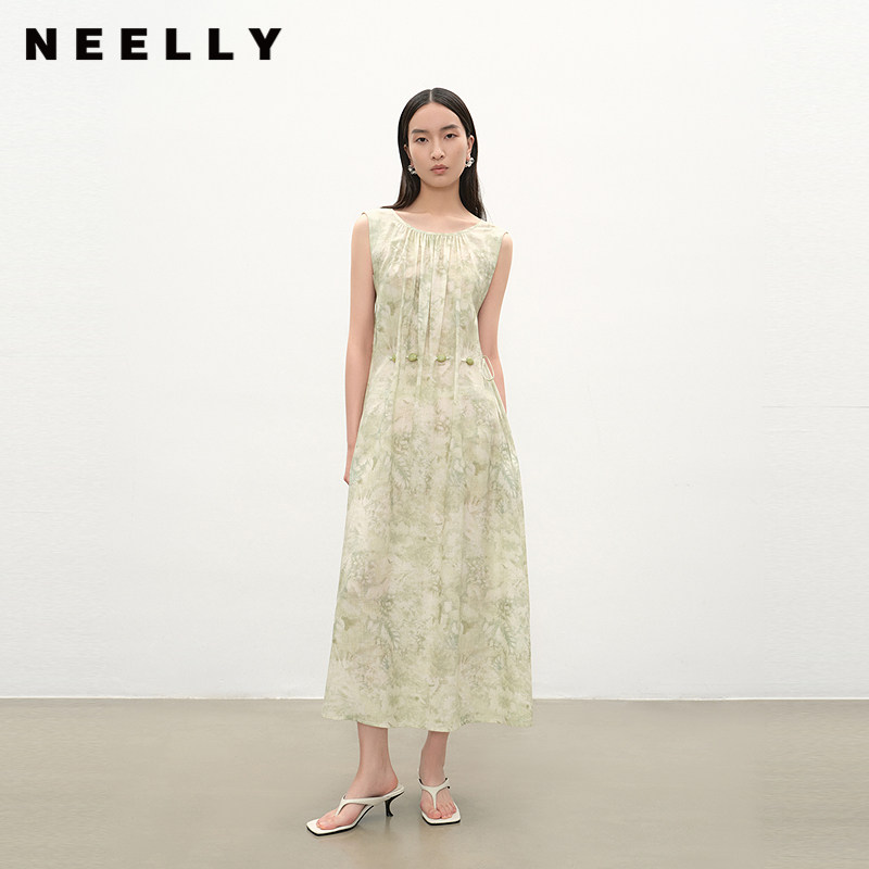 NEELLY纳俪商场同款夏季新款温柔清新无袖连衣裙女腰绳显瘦长裙