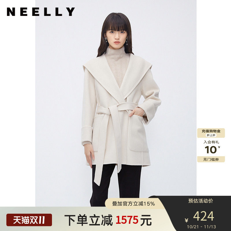 NEELLY纳俪商场同款中长款100%双面呢羊毛大衣时尚系带一手长外套