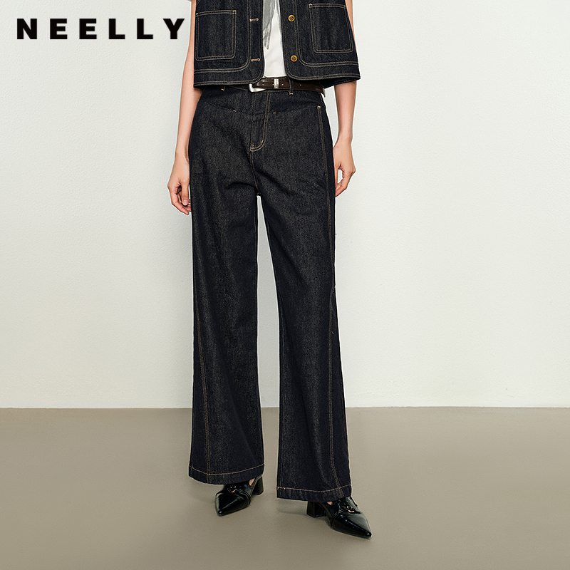 NEELLY纳俪商场同款秋冬新款复古直筒休闲牛仔裤女宽松垂感阔腿裤