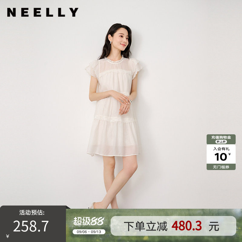 NEELLY纳俪商场同款夏季新款花边甜美清新连衣裙女立裁舒适长裙
