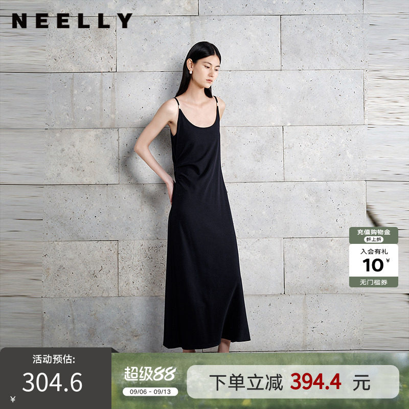NEELLY纳俪商场同款春秋新款黑色气质吊带连衣裙女简约百搭长裙
