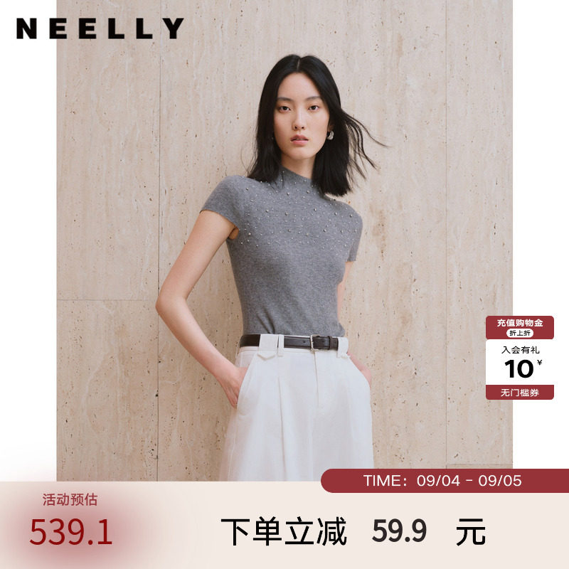 NEELLY纳俪商场同款秋新款钉珠半高领针织短袖女气质通勤修身上衣