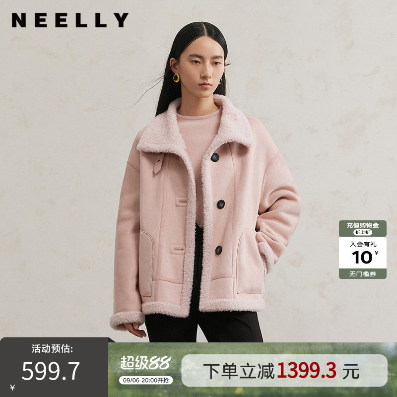 NEELLY纳俪商场同款冬季新款羊毛翻领外套女百搭直筒时尚保暖上衣