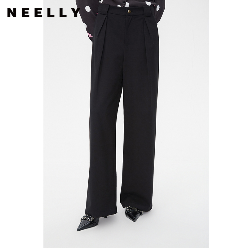 NEELLY纳俪商场同款秋冬微褶宽松直筒裤女黑色舒适百搭垂感休闲裤