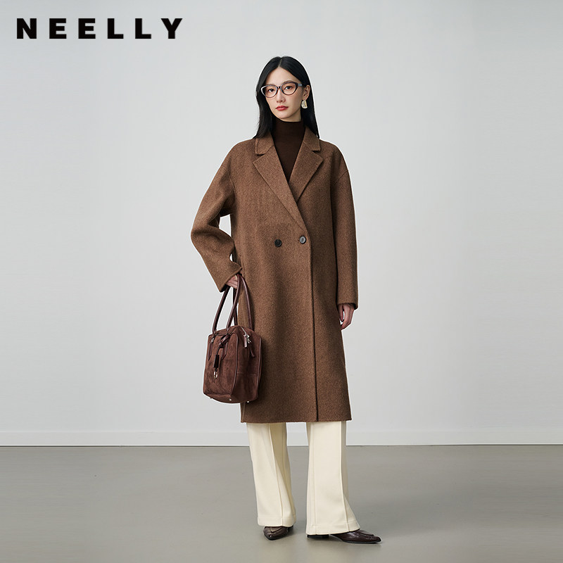 NEELLY纳俪商场同款冬新款复古翻领毛呢大衣女中长款休闲随性外套