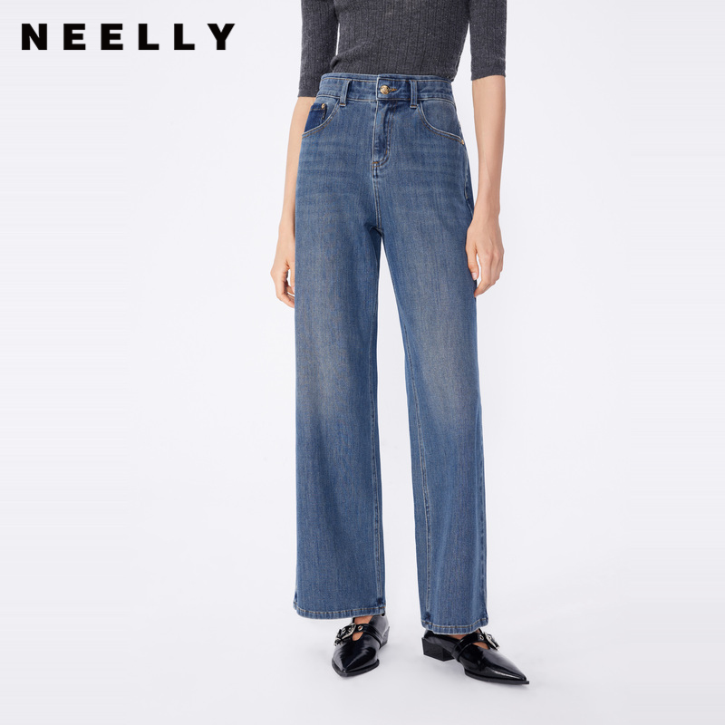NEELLY纳俪商场同款春季新款直筒裤款百搭显瘦舒适修饰腿型牛仔裤