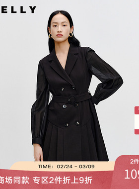 NEELLY纳俪商场同款收腰西装连衣裙早春新款长袖 v领显瘦西装裙女