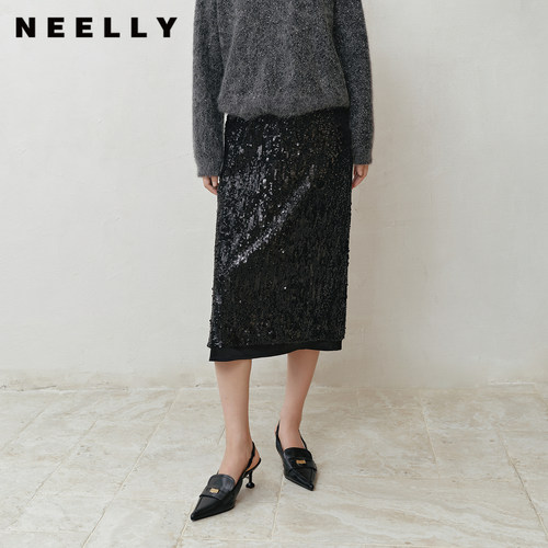 NEELLY纳俪商场同款冬季新款优雅气质半身裙女哑光亮片百搭长裙