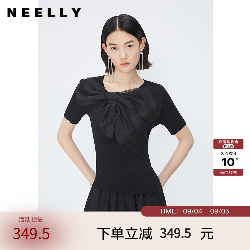 NEELLY纳俪商场同款夏季新款黑色套头针织衫女薄款网纱蝴蝶结上衣