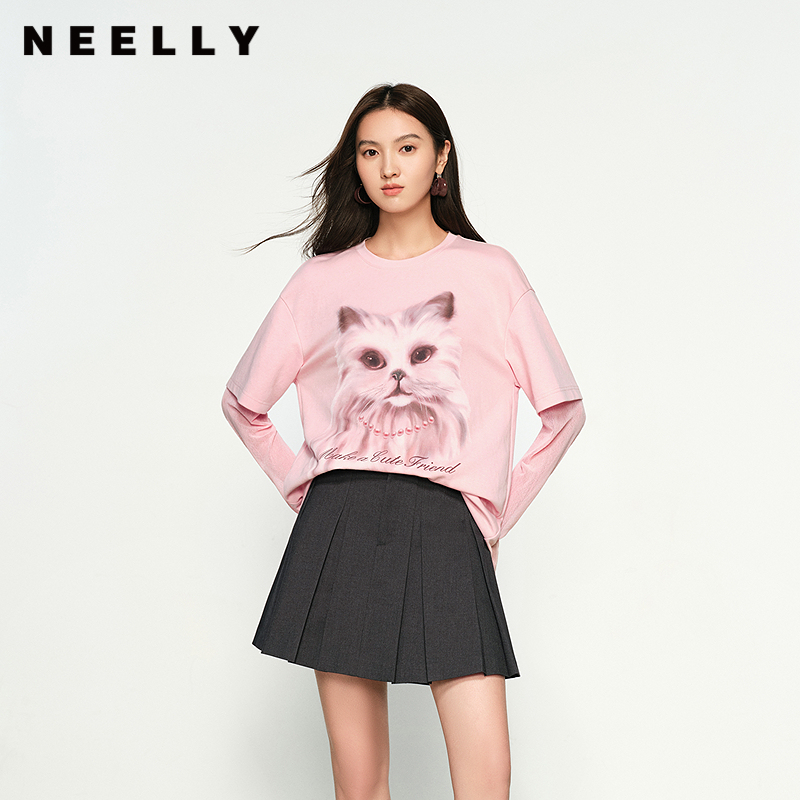 NEELLY纳俪商场同款秋冬新款圆领假两件长袖T恤女趣味显瘦上衣