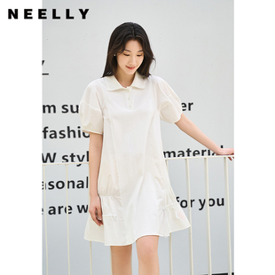 NEELLY纳俪夏季 甜美初恋公主裙娃娃裙 POLO领连衣裙女白色短袖 法式