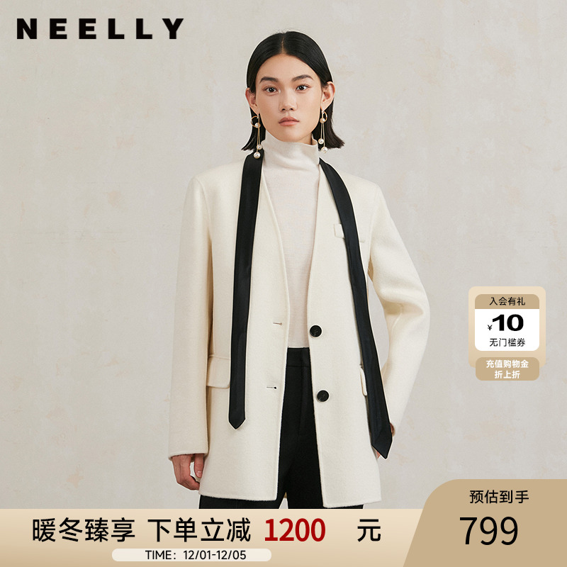 NEELLY纳俪商场同款冬季新款气质通勤一手长双面呢大衣女羊毛外套