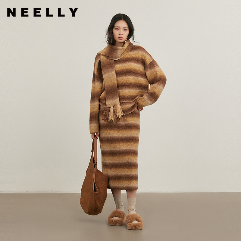 NEELLY纳俪商场同款冬季新款美拉德色系百搭针织套装女毛衣半身裙