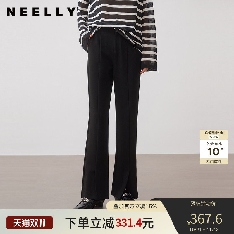 NEELLY纳俪商场同款秋季新款设计感开叉微喇裤女高腰显瘦休闲长裤
