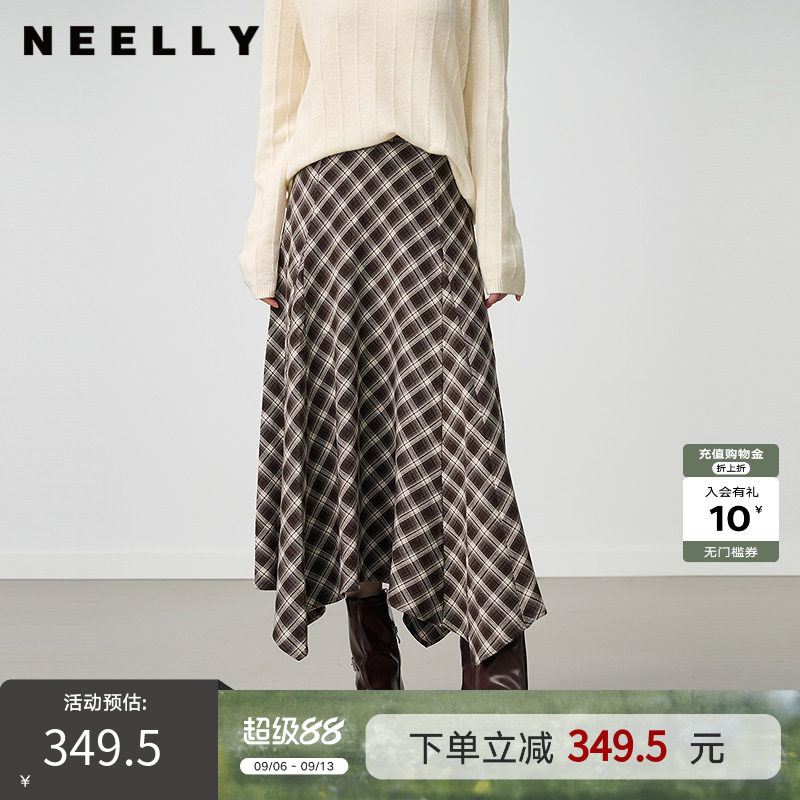 NEELLY纳俪商场同款冬新款不规则复古格纹高腰半身裙女百搭中长裙