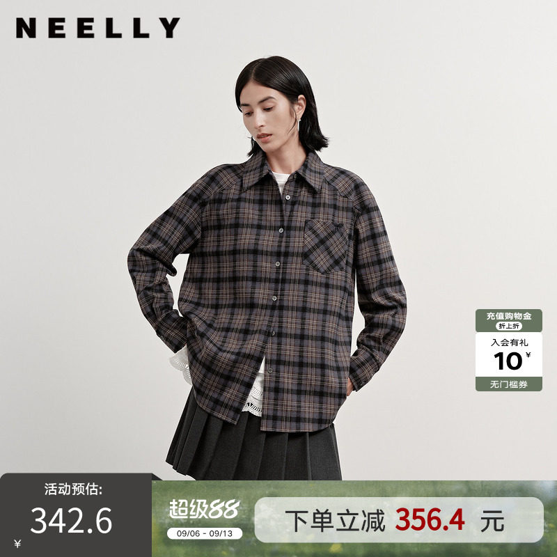 NEELLY纳俪商场同款冬季新款复古宽松格纹衬衫女韩版百搭短衬衣