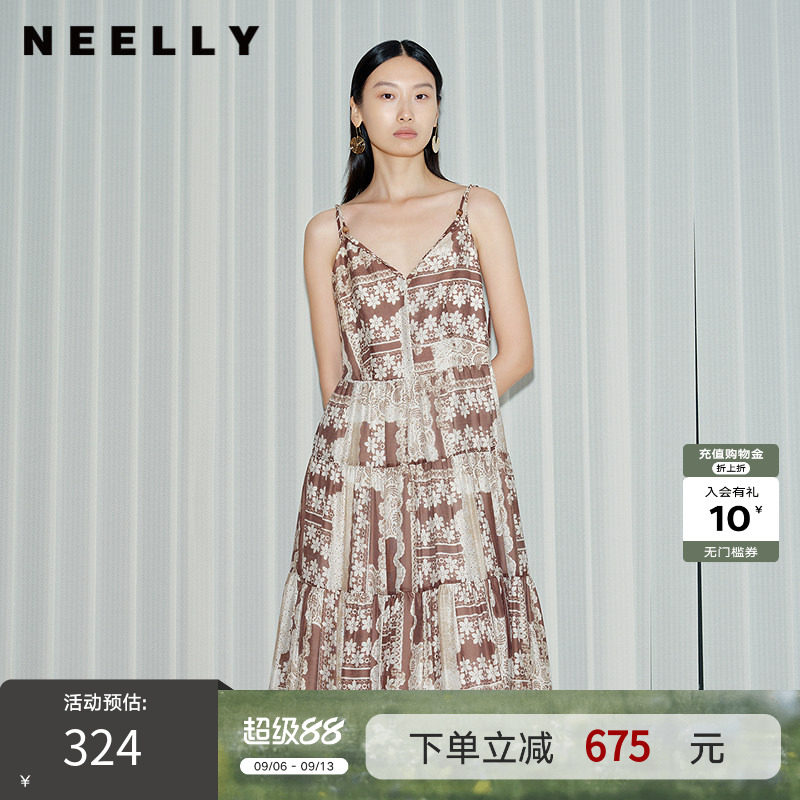 NEELLY纳俪商场同款春新款气质印花吊带连衣裙女中长款收腰A字裙