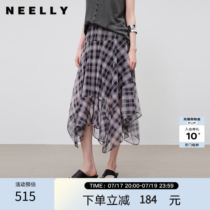NEELLY纳俪商场同款夏新款设计感不规则格纹雪纺裙女百搭休闲半裙