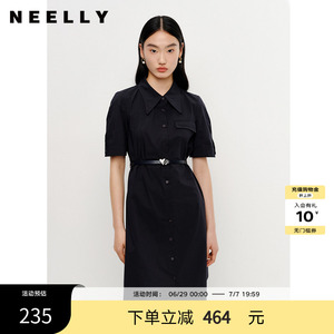 NEELLY纳俪商场同款夏季连衣裙女短袖衬衫裙法式中长款A字裙百搭