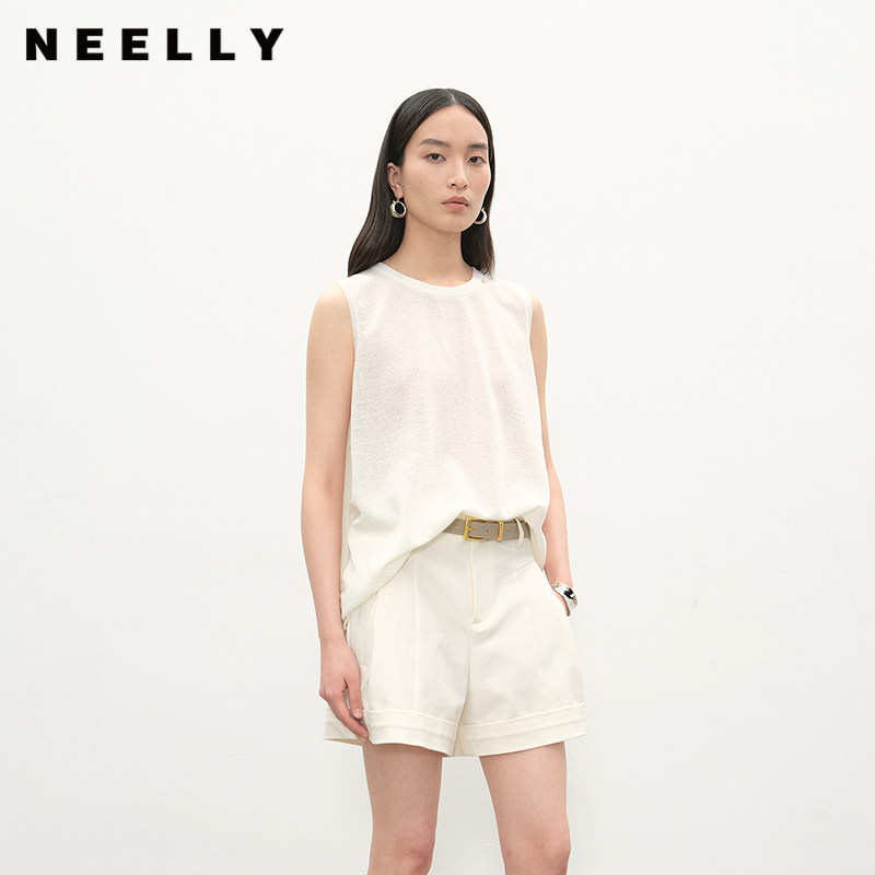 NEELLY纳俪商场同款夏季新款简约透气无袖露肩T恤女百搭宽松上衣