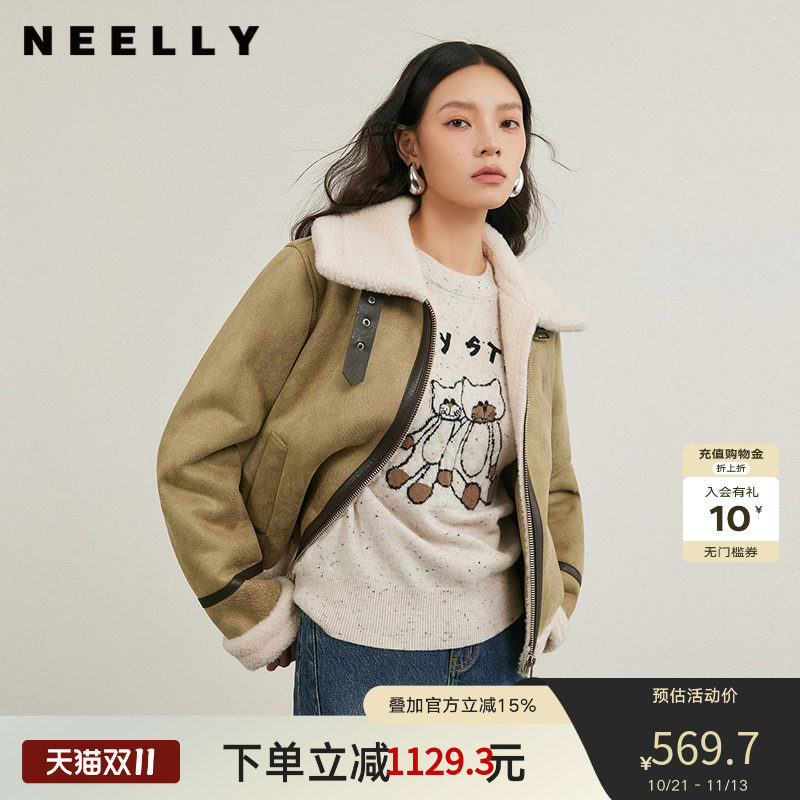 NEELLY纳俪商场同款冬新款翻领简约外套女百搭潮流时尚保暖机车服