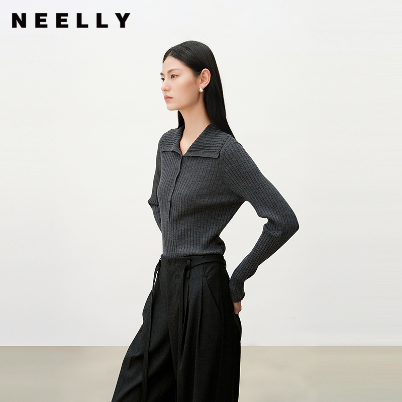 NEELLY纳俪商场同款秋冬新款百搭翻领修身针织衫女显瘦气质上衣