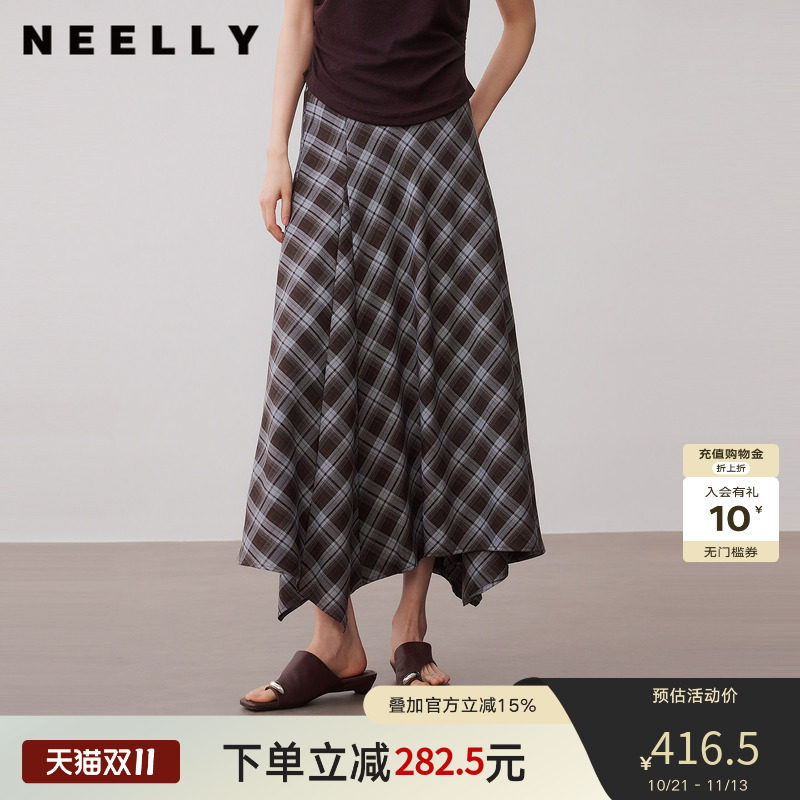NEELLY纳俪商场同款秋新款复古不规则格纹半裙女休闲设计感中长裙