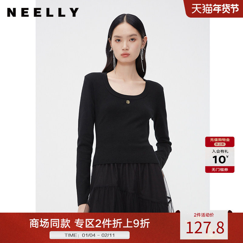 NEELLY纳俪商场同款秋冬新款圆领修身纯色打底针织衫女显瘦羊毛衫