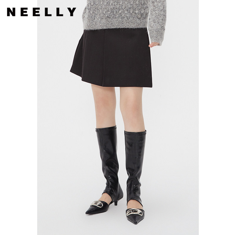 NEELLY纳俪商场同款春秋款百褶裙短裙女黑色简约通勤显瘦A字裙