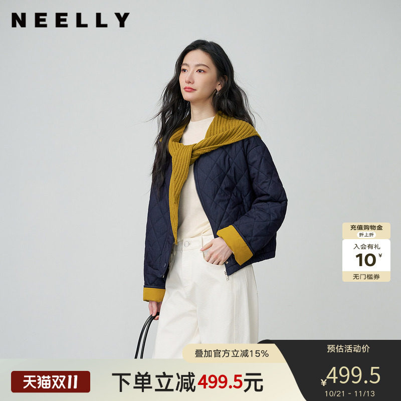 NEELLY纳俪商场同款冬季新款复古文艺菱格短外套女慵懒随性棉衣