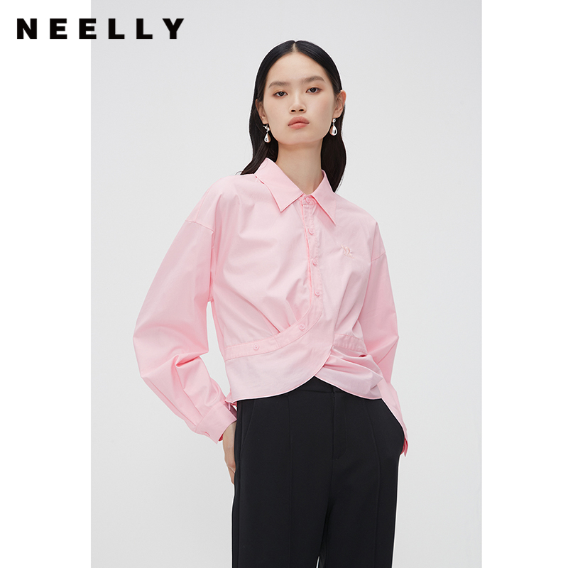 NEELLY纳俪长袖甜美捏褶下摆衬衫