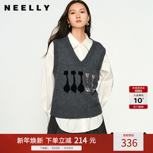 NEELLY纳俪商场同款 V领显瘦针织马甲背心女复古百搭毛衣 秋冬新款