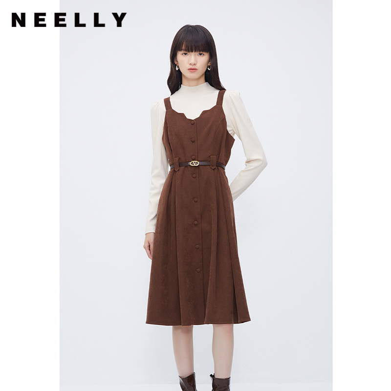 NEELLY纳俪商场同款法式套装背带裙秋冬高级感甜美显瘦毛衣连衣裙