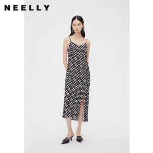 夏新款 NEELLY納儷商場(chǎng)同款 V領(lǐng)碎花吊帶連衣裙女抽褶顯瘦開衩長裙