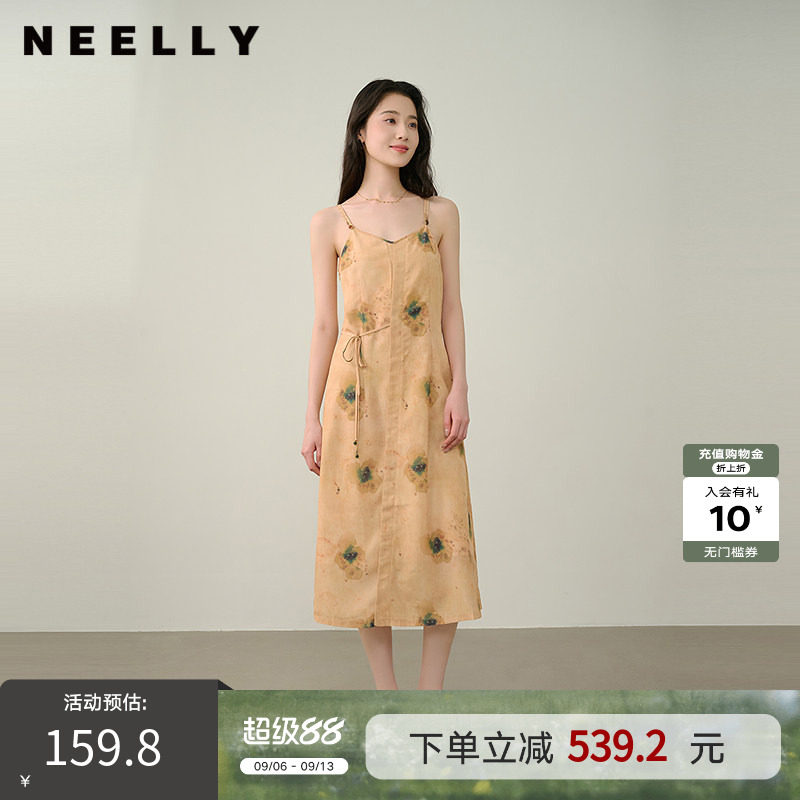 NEELLY纳俪商场同款夏新款法式文艺吊带长裙女气质慵懒收腰连衣裙