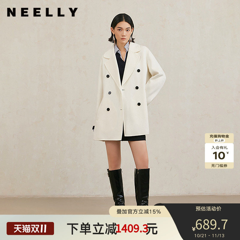 NEELLY纳俪商场同款冬季新款绵羊毛宽松双面呢外套女气质通勤外套