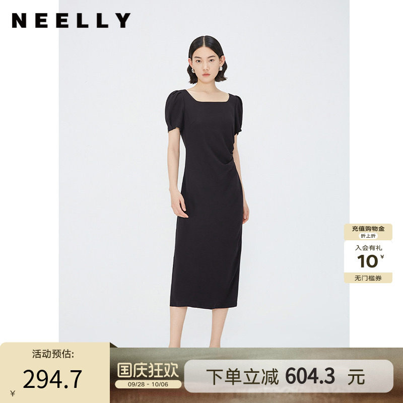 NEELLY纳俪商场同款夏季新款泡泡袖连衣裙女褶皱显瘦方领气质长裙